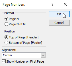 Selecting page number settings