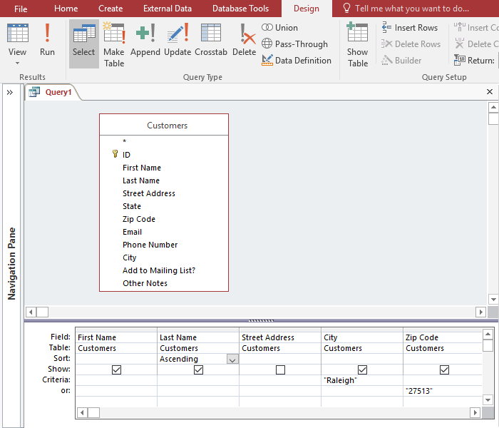 Query Design view