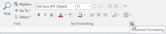 Clicking the Datasheet Formatting arrow