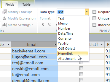 Selecting a new field data type