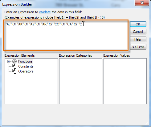 Typing our validation rule, which will contain every state postal code, each separated by the word "Or"