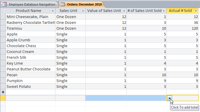 The totals row drop-down arrow