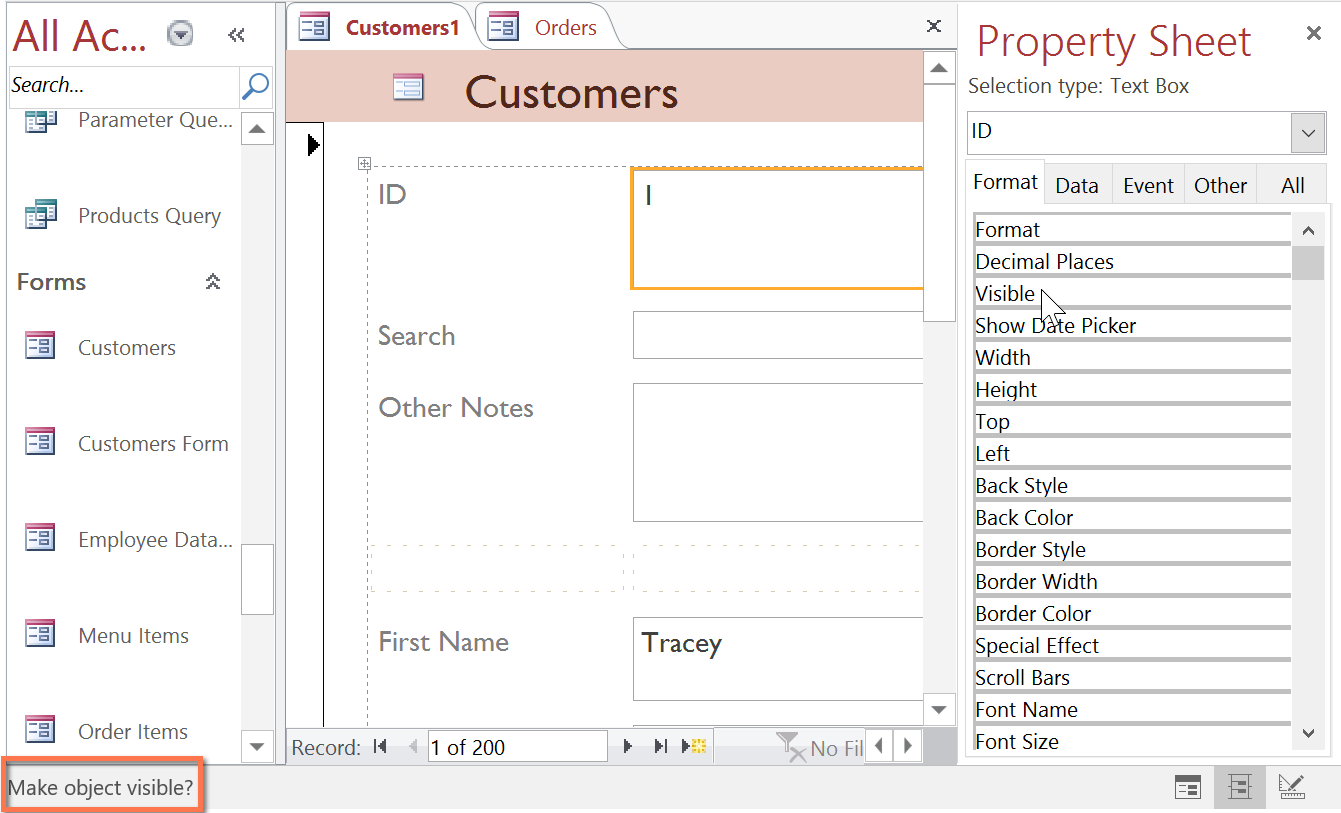 Selecting a Property Sheet option to find out what it does