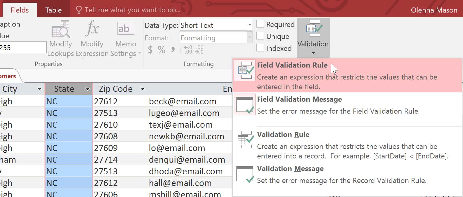 Clicking the Field Validation Rule command