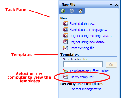 Access XP task pane