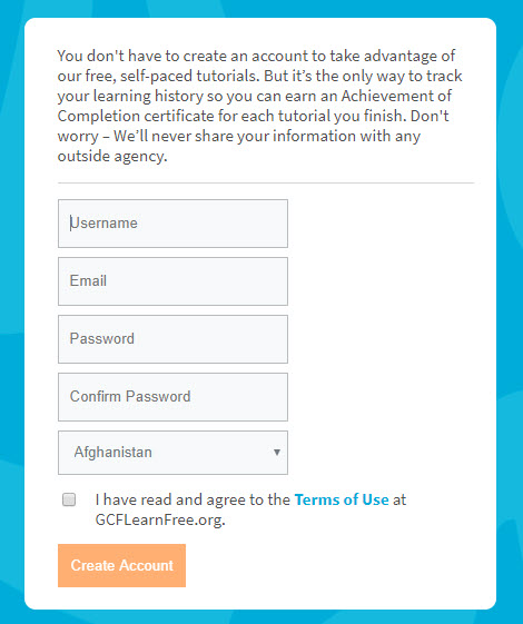 Create GCF account page