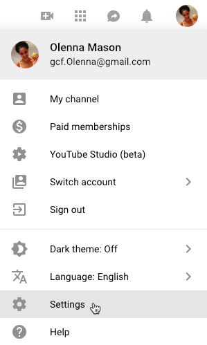 screenshot of how to reach the YouTube Settings page