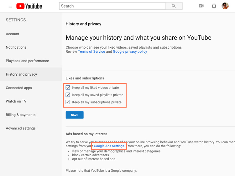 screenshot of the Privacy Settings page on YouTube