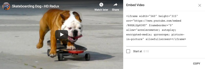 screenshot of sharing a YouTube video via embed