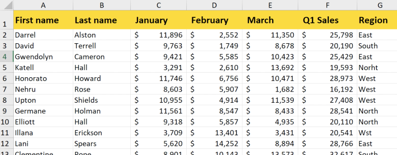 Screenshot of spreadsheet