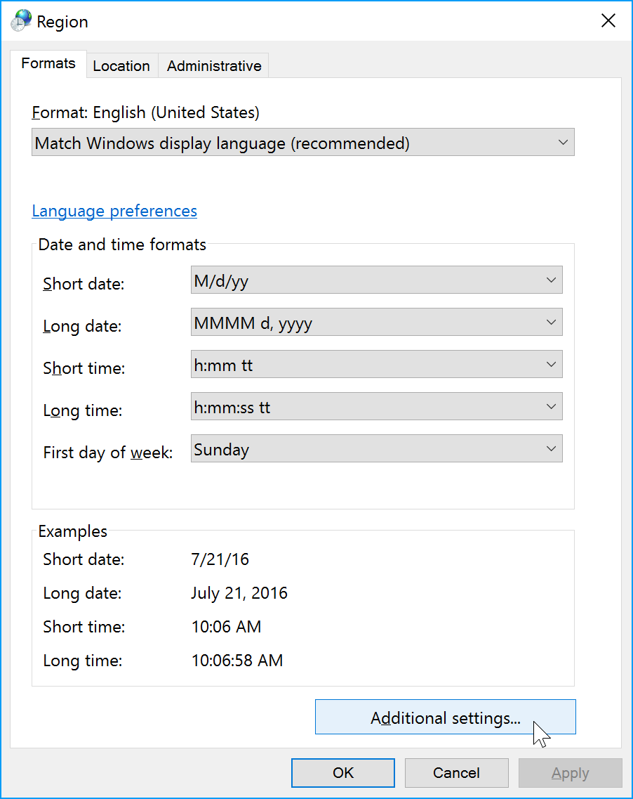 opening additional settings from the Region dialog box