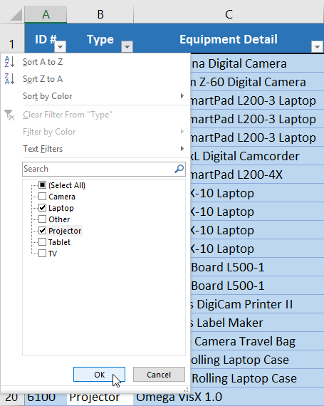 Selecting filter categories