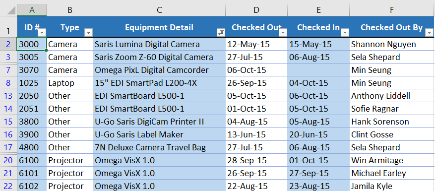 The custom filter has been applied to the worksheet