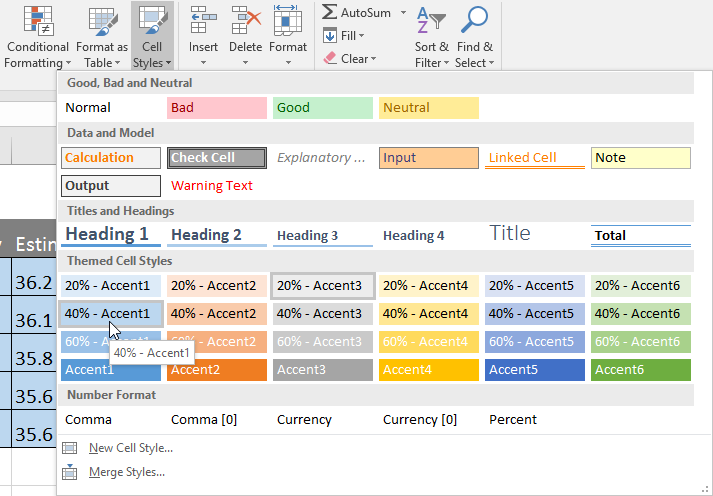 The cell styles dropdown menu