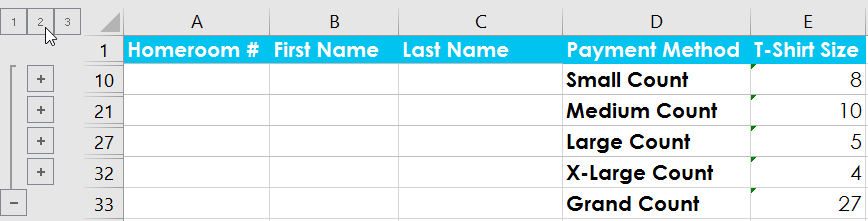 Setting the group detail to level 2