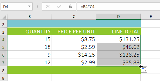 The formula is copied into the selected cells.