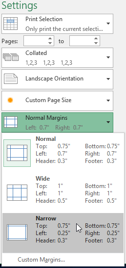 The Page Margins menu on the Print pane.