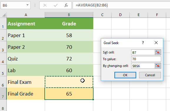 setting parameters in the goal seek dialog box