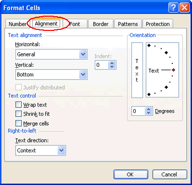 Alignment Tab on the Format Cells Dialog Box