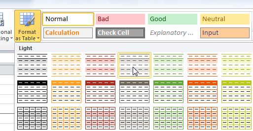 Selecting a table style