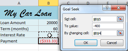 Entering values into the Goal Seek fields