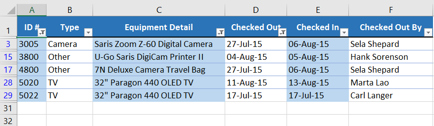 The date filter has been applied to the worksheet