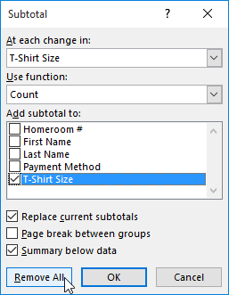 Removing subtotals in the Subtotal dialog