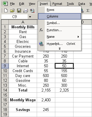 Insert and Columns Menu Selections