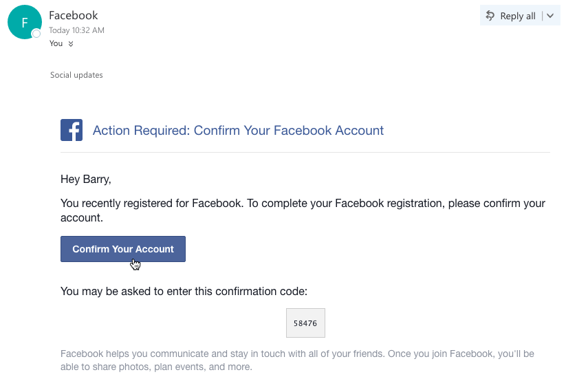 confirming your facebook account through email