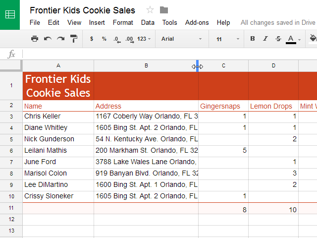 Selecting the column border