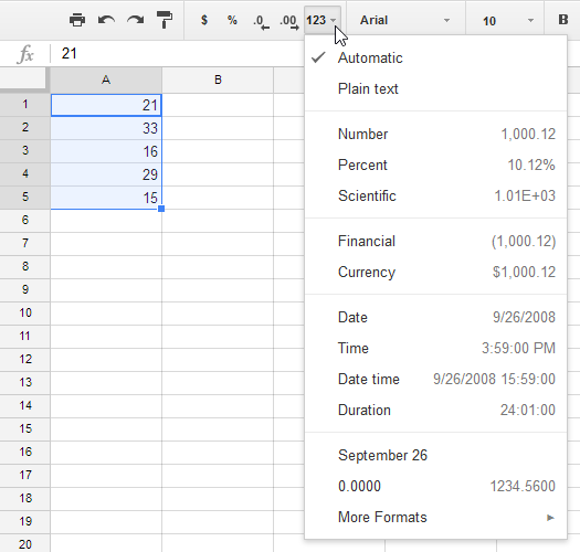 The Number Format menu