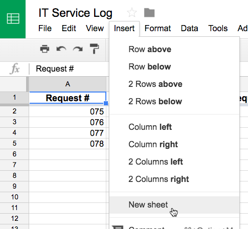 Clicking Insert and selecting New Sheet.