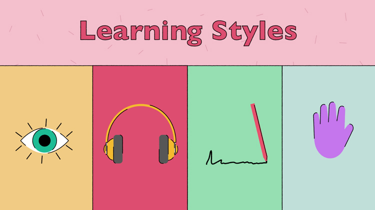 illustration of an eye, headphones, a pencil writing something, and a hand, to represent the four learning styles