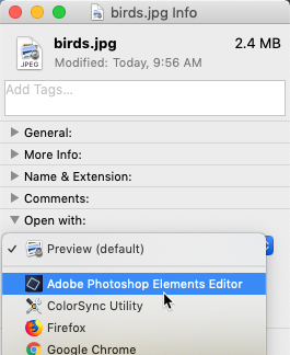 screenshot of selecting Adobe Photoshop from the Open with... menu