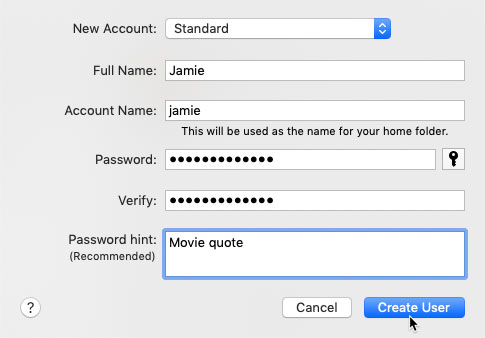 screenshot of a completed form with a username and password