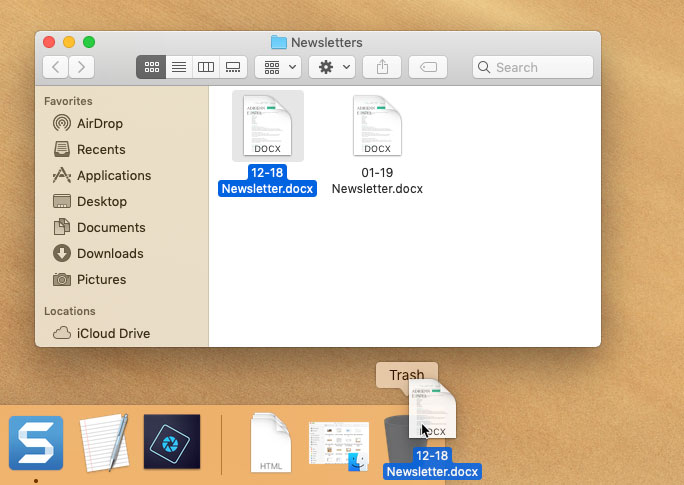 screenshot of dragging a file into the Trash bin