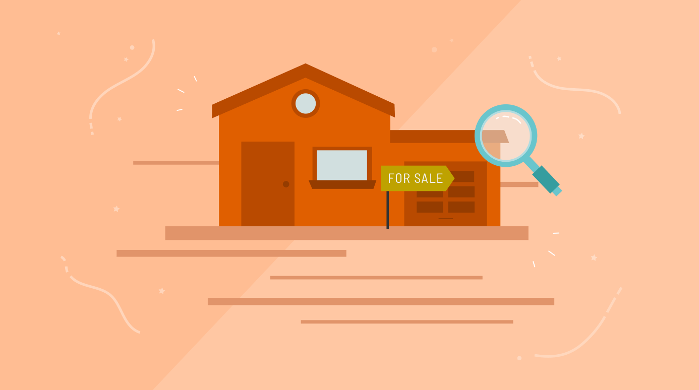 illustration of a home for sale with a magnifying class over it