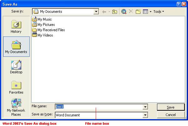 Word 2003's Save As dialog box