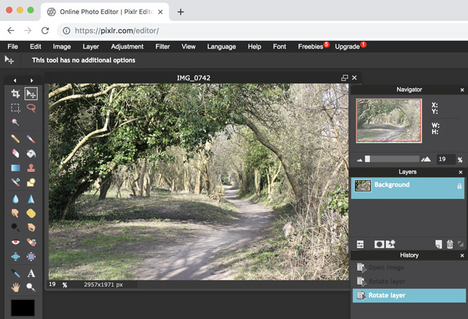 The Pixlr Editor interface, with an image of a hiking trail.