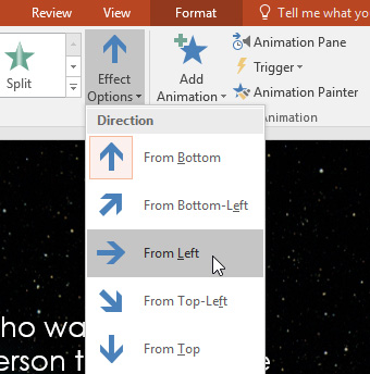 Viewing the options for the Fly In effect