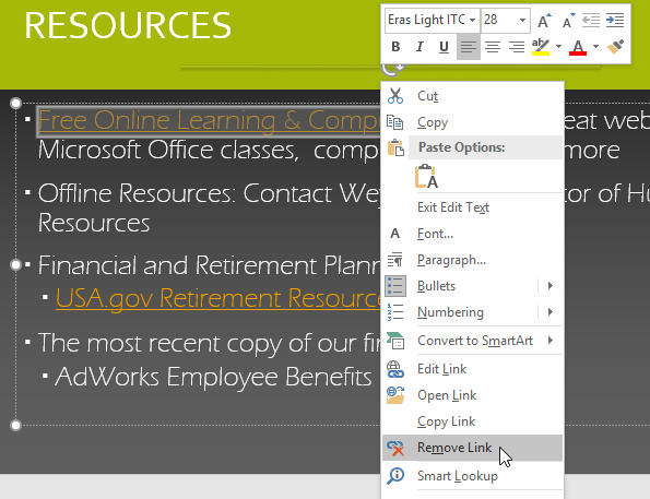 screenshot of right-clicking text and selecting Remove Link