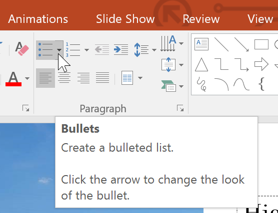 the Bullets drop-down arrow