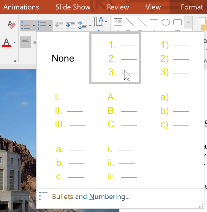 selecting a numbering option