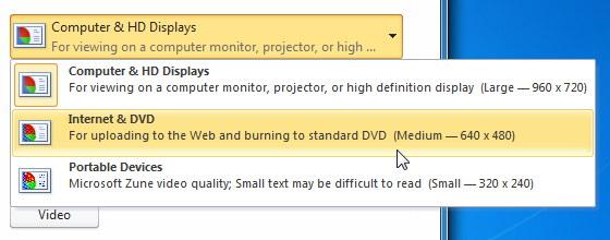 Selecting video size and quality