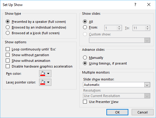 setting custom options for slide show playback