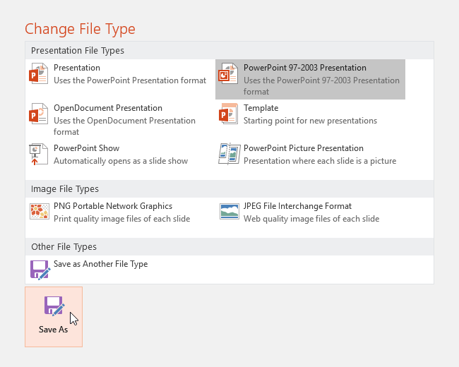 Choosing a file type and clicking Save As