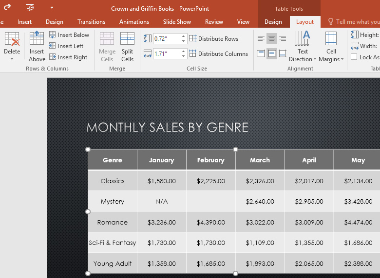 using commands on the Table Layout tab