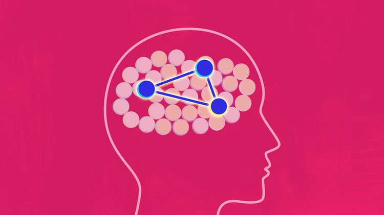 illustration of "thoughts" inside a human brain, with several being connected and "analyzed"