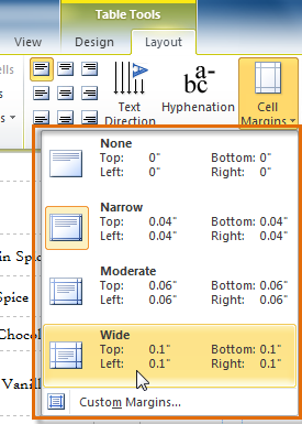 Cells margins options