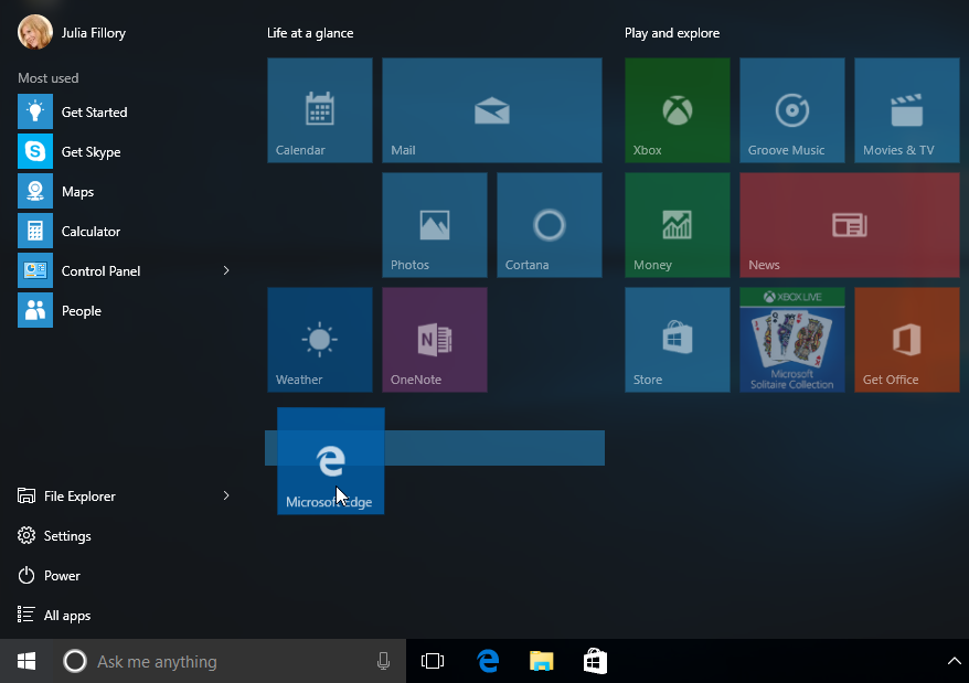 moving a tile on the Start menu